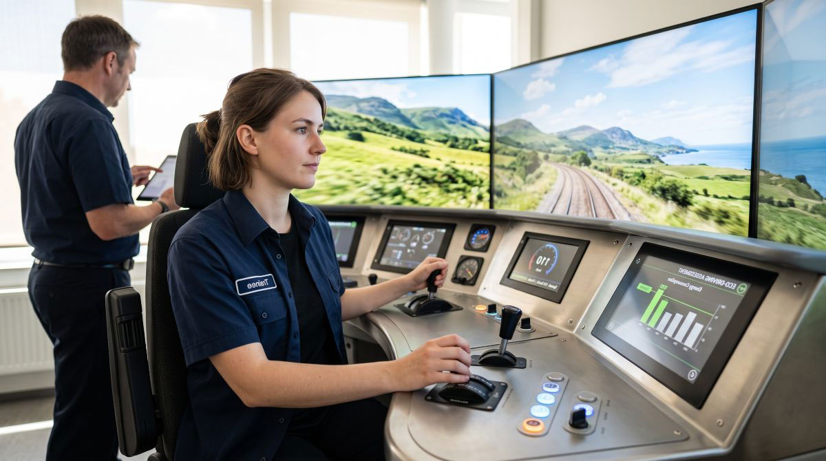 Auszubildende übt an einem Zugsimulator