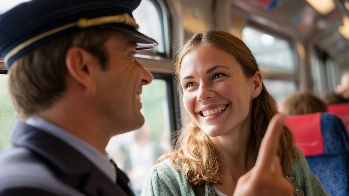 Freundlicher Zugbegleiter im Gespräch mit einer lächelnden Fahrgästin in einem modernen Zug – ein Beispiel für Kundenservice und komfortablen öffentlichen Nahverkehr.